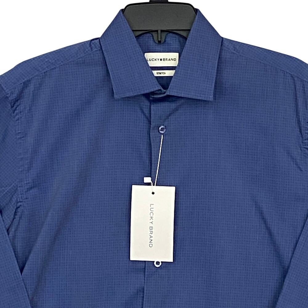 Lucky Brand Dress Shirt Men's 15-15.5 34/35 Slim Fit Blue Geo Print Stretch NEW - Picture 3 of 14